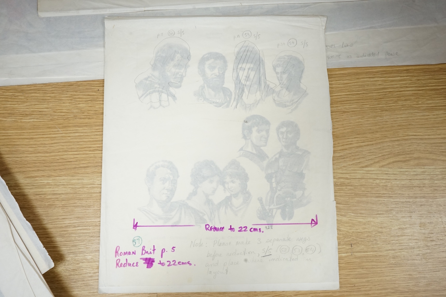 Peter Jackson (1922-2003), Illustrations from 'One day in Roman Britain' to include Portrait studies, Roman wall and Roman Baths, six watercolours, largest 34 x 71cm, unframed, together with two copies of the original bo